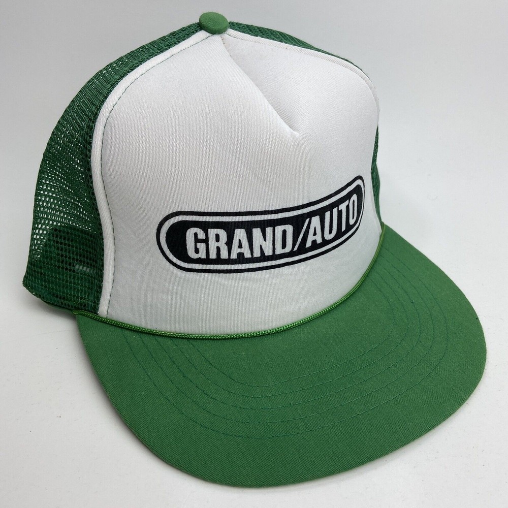Vintage Grand Auto Hat Trucker Mesh Snapback Retro Poly Rope Cap Green White